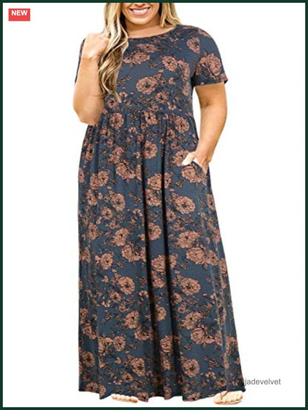Women Plus Size Maxi Dress Loose Fit Short Sleeve Elastic Waist Pockets